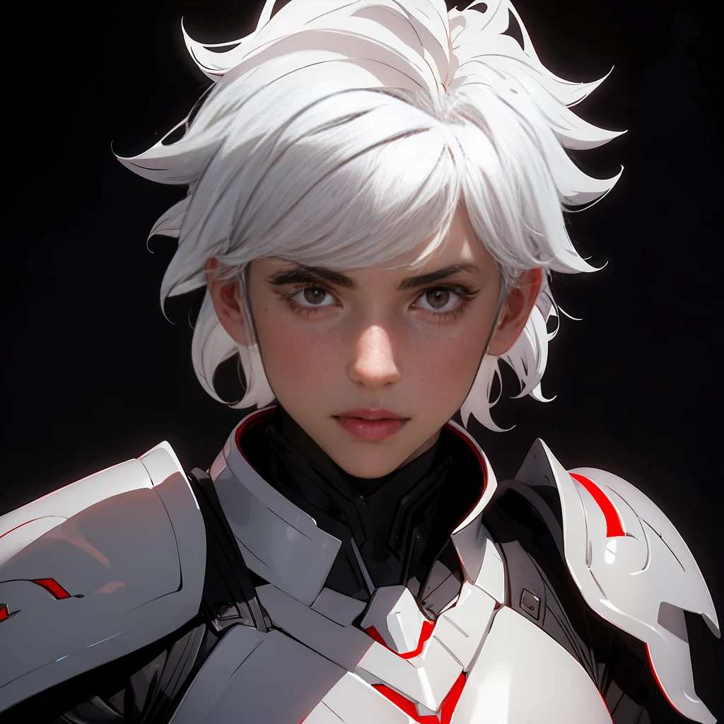 envision a 8k, highres, cinematic close up portrait of a boy with sleek skinny body, clean shaved, with short wavy white hair, and red eyes wearing a white and black leather armor against a dark gray background