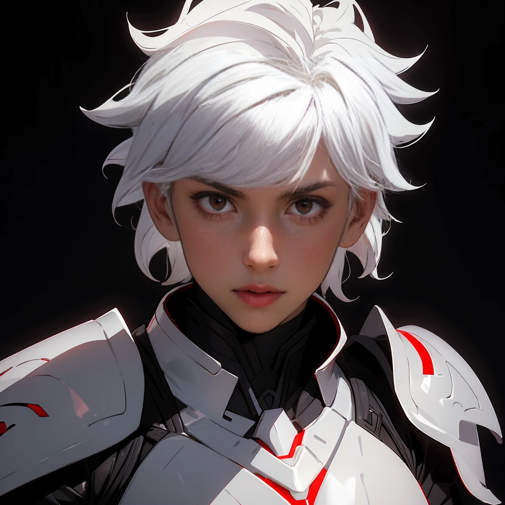 envision a 8k, highres, cinematic close up portrait of a boy with sleek skinny body, clean shaved, with short wavy white hair, and red eyes wearing a white and black leather armor against a dark gray background