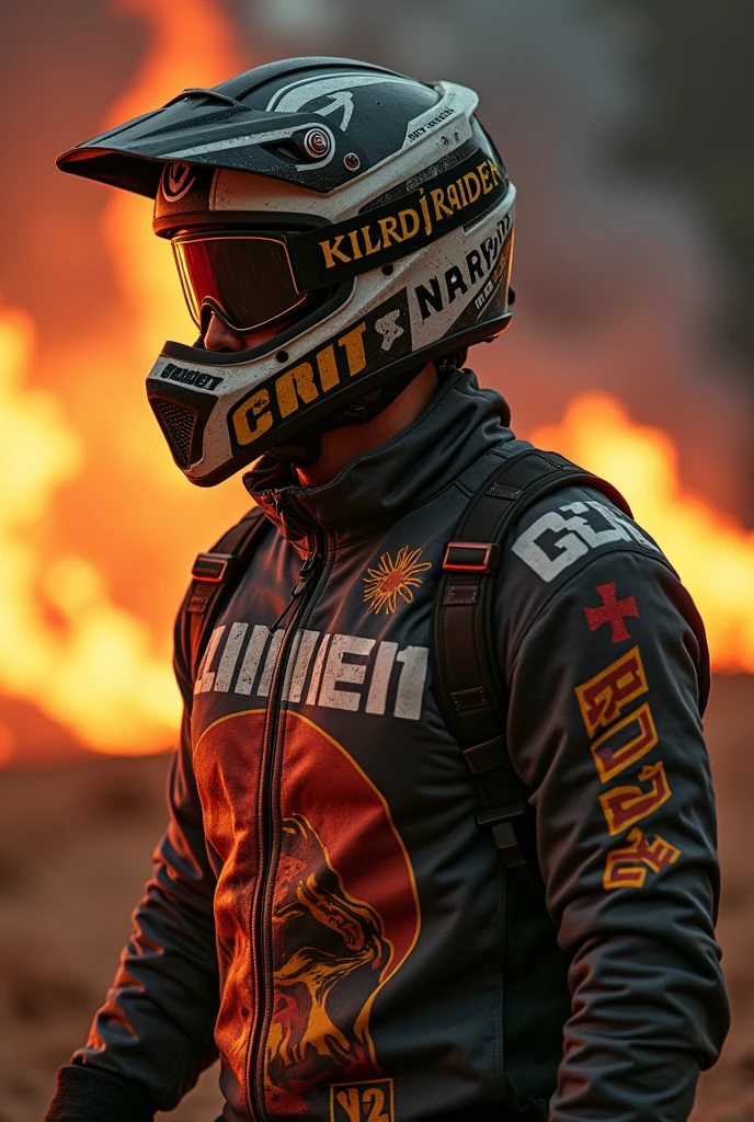 Cree une photo de profil, d'un pilote de vtt de freeride, avec un style comme dans mad max, il a des flammes au tour de lui et il est debout, il y a derriere lui une chambre avec pleins de poster des annee 90 iron maiden, nirvan, black saabath, gun s roses, il y un maillot de cross sur le mur de sa chambre, c'est ecrit pisano sur le maillot