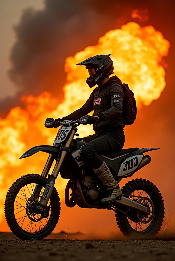 Cree une photo de profil, d'un pilote de vtt de freeride, avec un style comme dans mad max, il a des flammes au tour de lui et il est debout, il y a derriere lui une chambre avec pleins de poster des annee 90 iron maiden, nirvan, black saabath, gun s roses, il y un maillot de cross sur le mur de sa chambre, c'est ecrit pisano sur le maillot