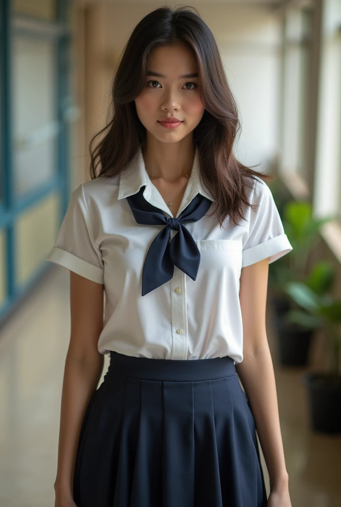 ((top-quality、8K、masterpiece:1.3))、女の子1人、Slender Abs、sofas、hyperdetailed face、A detailed eye、二重まぶた、large full breasts、neat college girl、short-hair、Straight bob hair、Shorthair with bangs、A smile、Schoolgirl Uniform、Panties are visible from the skirt、a 20 yo woman、Sheer white shirt、Navy blue ribbon at the collar、Dark blue pleated micro mini、Sexy、Peek at the viewer、Beautiful graphics、Bright school building with strong sunlight、Show me your whole body、is standing、Plump panties、White Sox、Lift the hem of the skirt with both hands、Showing white panties、depth of fields、Bokeh in the background、