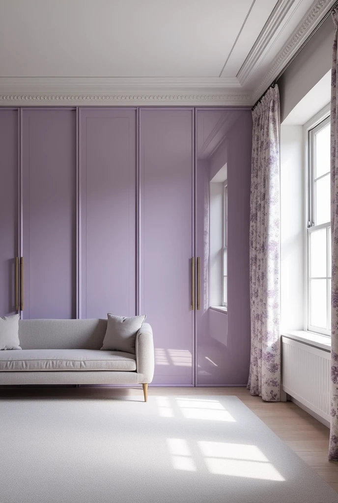 
The closet at the very back of this large, long room, covers the entire wall, being enclosed from ceiling to floor with clear glass in lavender tones, maximizing storage space, as well as adding a touch of soft, sophisticated color, maintaining the continuity of the neutral and elegant design. 
The closet&#39;s sliding door is made of transparent glass in light lilac tones., offering practicality and elegance to the environment.
On the right side of the closet there is another side wall with two French windows covered by flower-printed curtains..
There is only one sofa in this room.