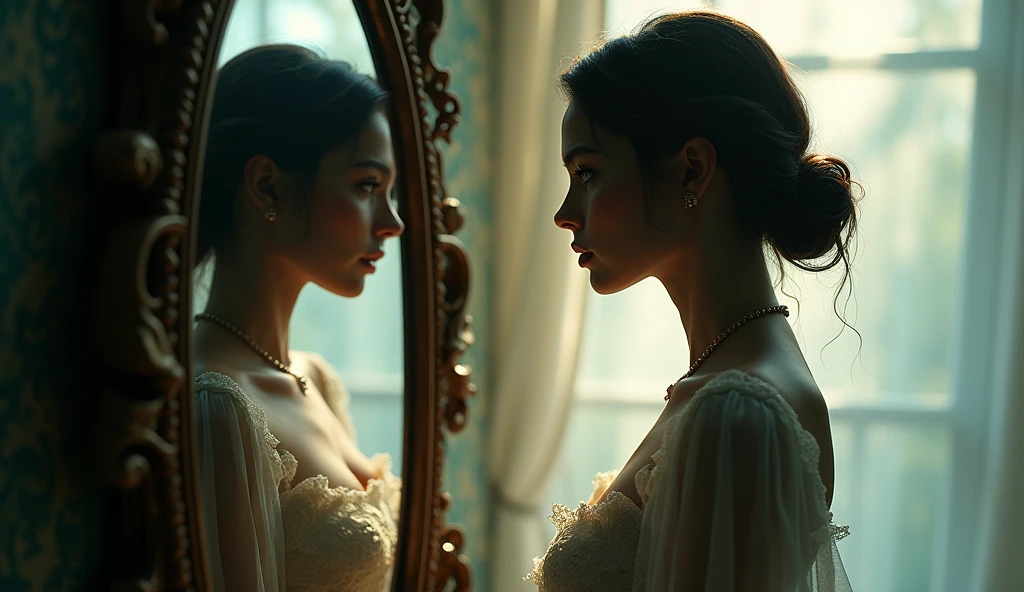 A clear image of a beautiful woman talking to a dark reflection herself in the mirror, her reflection is a dark shadowed copy of her, dark fantasy style, light colors, bright environment.