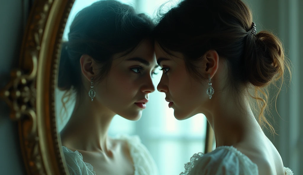 A clear image of a beautiful woman talking to a dark reflection herself in the mirror, her reflection is a dark shadowed copy of her, dark fantasy style, light colors, bright environment.