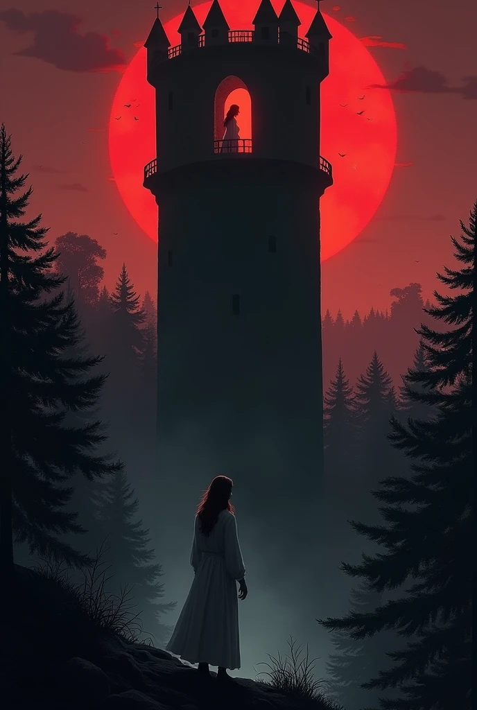 For horror book cover. drawing. The light emitted by the sky is reddish. A woman in a white robe looking out from one of the towers of the high-walled black castle. The woman is in the highest room. The woman looks with concern and fear at the forest at the foot of this castle. The woman looks down, towards the shadows of the trees.
