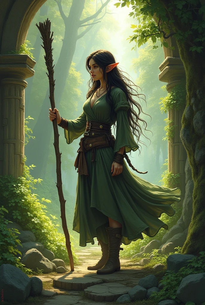 Create a dungeons and dragons character image of a female elf druid with light green skin, small lips, pointed ears long unkempt wild dark brown hair in a gray and dark green traveling outfit holding a wooden staff in ruin in a forest