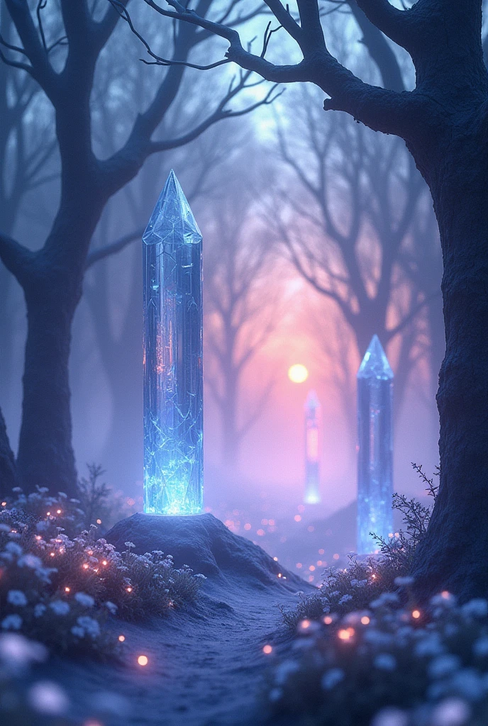 A mysterious crystal forest at twilight where the trees are made of crystal and emit a soft, glowing light. The ground is covered with delicate, luminescent flowers, and a gentle mist swirls around the base of the trees, giving the scene a magical, otherworldly feel.