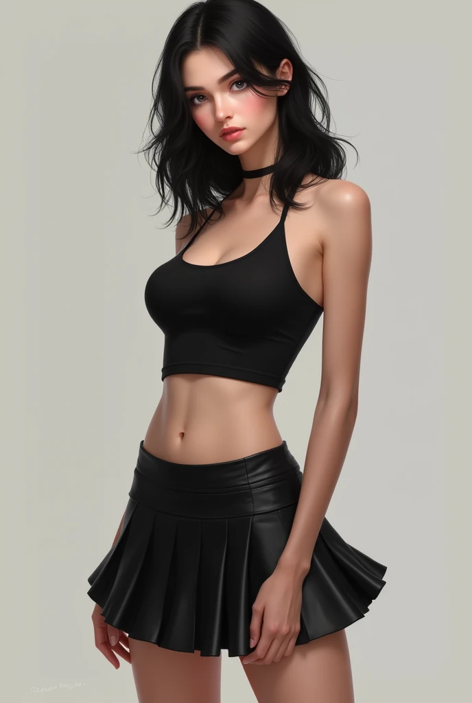 skinny white girl with black hair in a crop top shirt and a mini skirt full body.