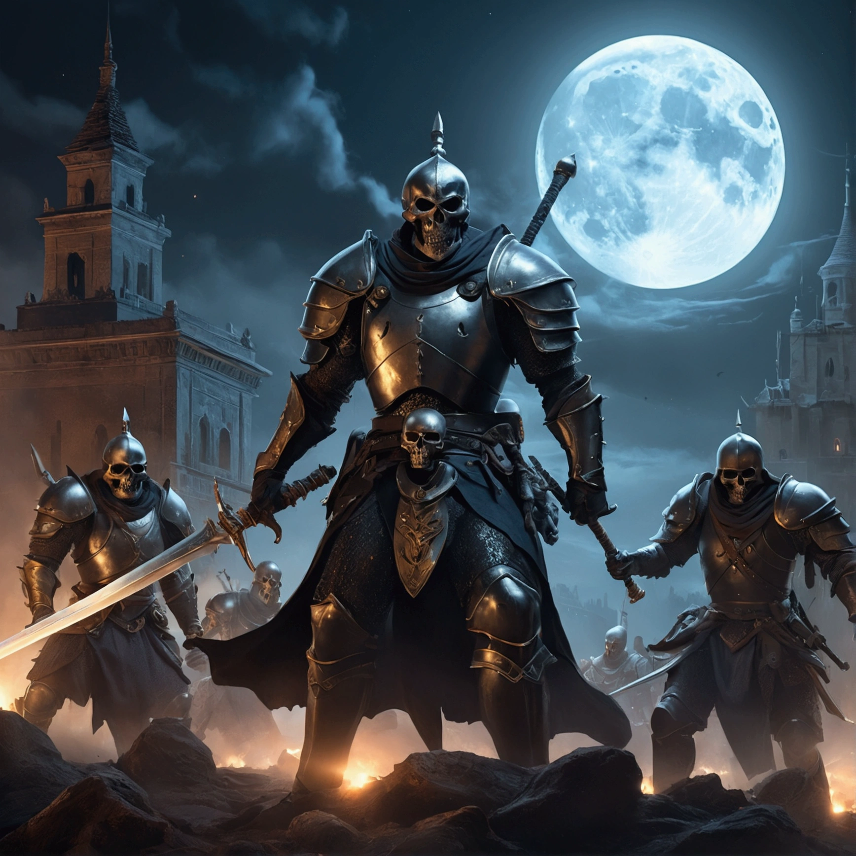 depicts the amazing atmosphere of war between the Armored Swordsmen against the Skull Warriors, Ghost city background, night, full moon and smoke, masterpiece, best quality, (extremely detailed CG unity 8K wallpaper), (best quality), (best illustration), (best shadow), absurdres, realistic lighting, (Abyss), beautiful detailed glow, art by PeterMohrBacher, Very detailed, hyperrealistic