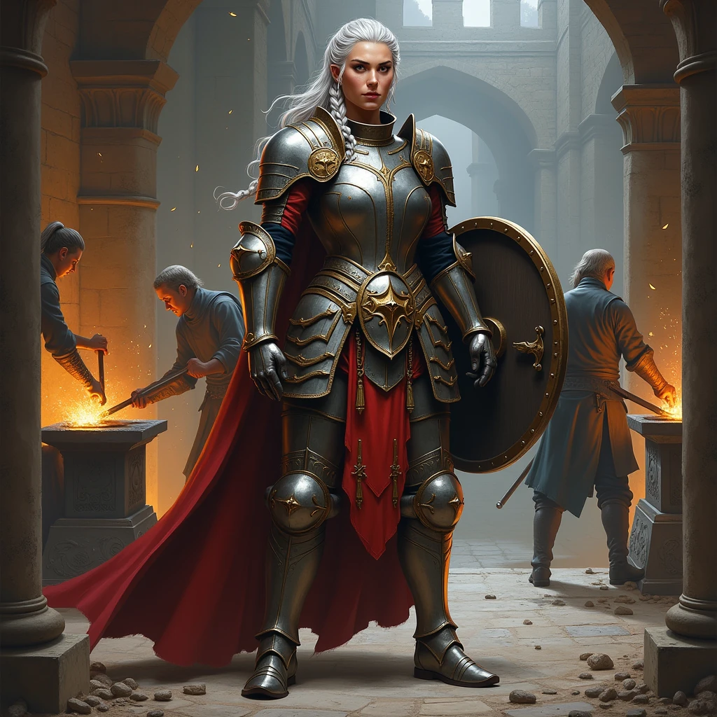 Generate a full body image of Thalindra Steelheart, an imposing guardian. Hyperrealistic art style in the style of detailed medieval paintings. Thalindra is a strong-built woman with tanned skin and silver hair braided with gold threads.. He wears heavy plate armor with an engraved scale design., bright and well maintained.
The background shows the walls of a fortified castle with blacksmiths working on weapons and armor in the background.. Sparks from the anvils float in the air, giving life to the scene.
Crucial details to include:

Facial expression of intense concentration, with eyes that reflect determination.
Each plate of the armor must be visible, with edges showing signs of use but well maintained.
The silver braid should look realistic, intertwined with fine gold threads.
defensive pose, holding a large heraldic shield.
The ground under your feet must be stone, with blacksmith tools scattered around.
Let the character appear in full body.