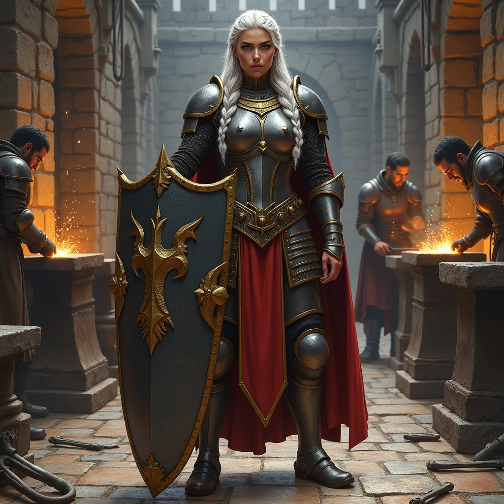 Generate a full body image of Thalindra Steelheart, an imposing guardian. Hyperrealistic art style in the style of detailed medieval paintings. Thalindra is a strong-built woman with tanned skin and silver hair braided with gold threads.. He wears heavy plate armor with an engraved scale design., bright and well maintained.
The background shows the walls of a fortified castle with blacksmiths working on weapons and armor in the background.. Sparks from the anvils float in the air, giving life to the scene.
Crucial details to include:
Facial expression of intense concentration, with eyes that reflect determination.
Each plate of the armor must be visible, with edges showing signs of use but well maintained.
The silver braid should look realistic, intertwined with fine gold threads.
defensive pose, holding a large heraldic shield.
The ground under your feet must be stone, with blacksmith tools scattered around.
Let the character appear in full body.