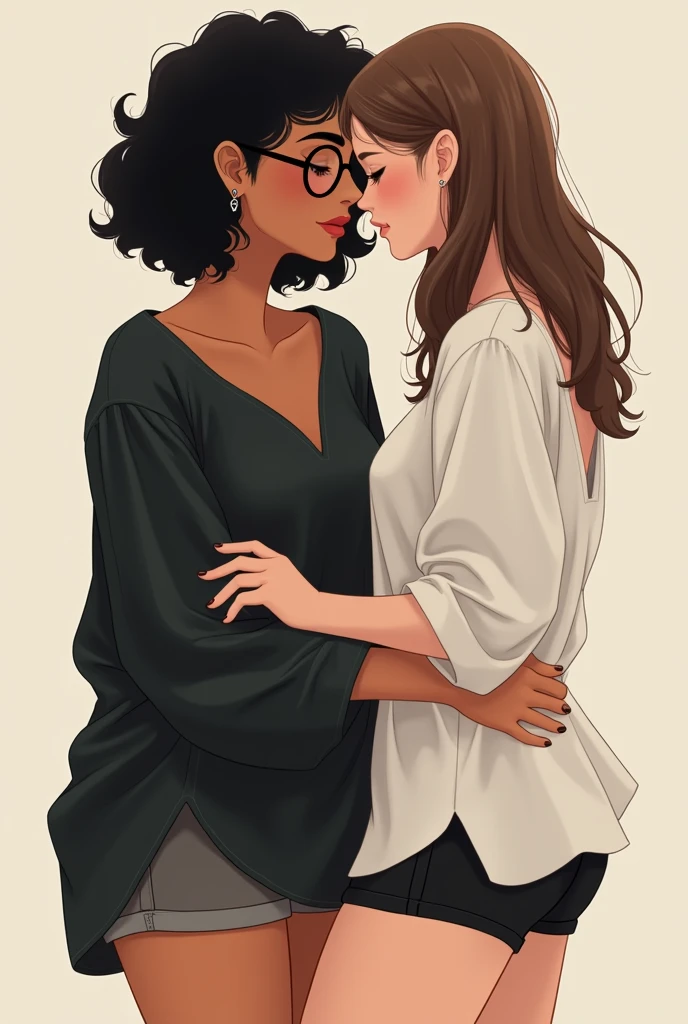 Two characters from the free fari female lesbian couple, one with black curly hair shoulder length hair, and another with straight brown hair, The one with curly hair will be wearing a loose black blouse and knee-length shorts., and she will be wearing round glasses, The one with straight hair will be wearing a loose, plain, white blouse that goes down low., and with a short black thin shorts. 