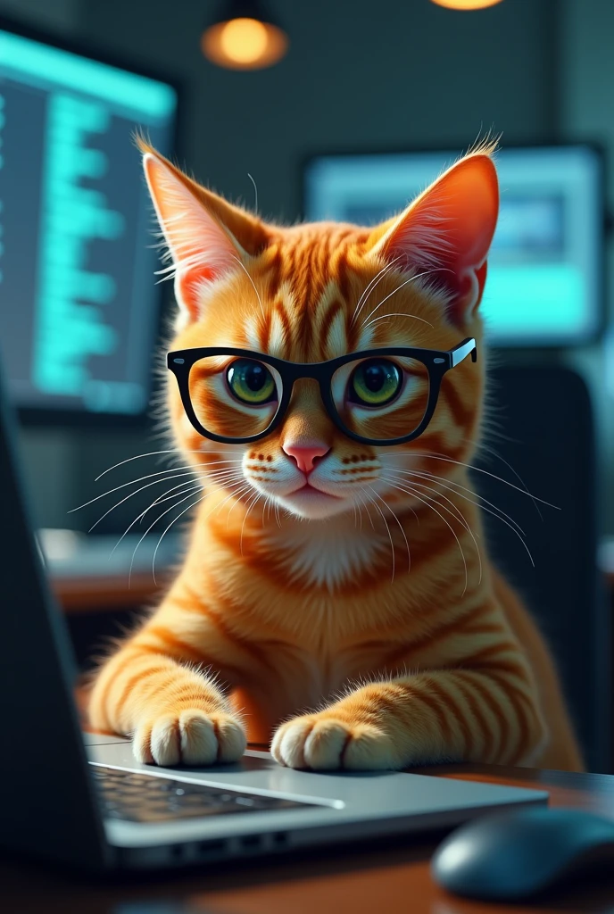 a cat using a laptop. the cat is orange and uses glasses. the cat must look like a hacker. the cat must be looking at the laptop. make the image the most professional it can be