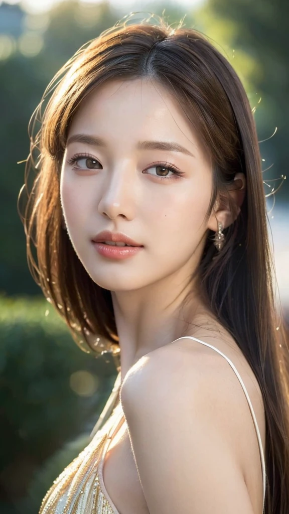 ((Best quality, 8k, masterpiece:1.3))，1girl，1，Asian，Real texture:1.3，(Background blur:1.3)，Dress，Tall and slender figure:1.2，(Hot summer weather)，Highly detailed face and skin textures，Exquisite eyes，Long eyelashes，Double eyelids，Skin Whitening，happy，Beautiful breasts