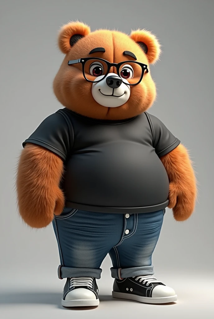 3D illustration of a chubby teddy bear dressed in a black shirt and jeans, black sneakers with white details, wearing glasses, with stubble, bald with hair on the sides, nerdy, middle-aged, with a friendly face, in 4K.