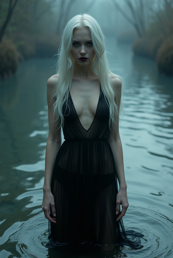 A beautiful woman with pale skin, wet very transparent black dress, long white hair, dramatic eye makeup, dark lips, moody expression, standing in shallow water, rippling water effects, dramatic lighting, dark gothic atmosphere, cinematic composition, photorealistic, highly detailed, masterpiece