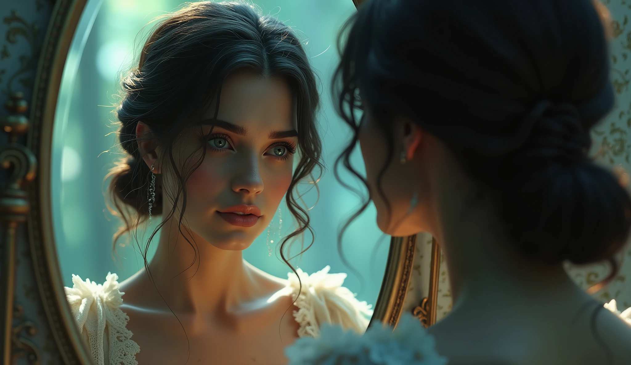 A clear image of a beautiful woman talking to a dark reflection herself in the mirror, her reflection is a dark shadowed copy of her, dark fantasy style, light colors, bright environment.