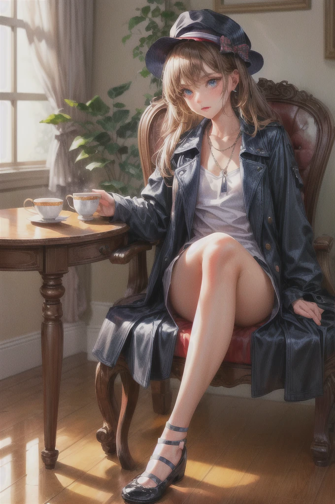 Girl, brown hair, blue eyes, full body, star earing, black trench coat, navy blue fedora, red bow, beautiful necklace, white t-shirt, black plaid skirt, navy blue ballerina flat shoes, huge chest, sitting on wooden chair, table, tea cup, books, mansion, wooden floor, red carpet, window, open window, petals, butterfly, seductive, night, moon, stars, smile, happy, High detail, Cinematic scene, Highest image quality, (8K), Ultra-realistic, Best Quality, High quality, High Definition, high quality texture, high detailing, Beautiful detailed, fine detailed, extremely details CG, Detailed texture, realistic representation of face, masterpiece, presence, Dynamic, Bold