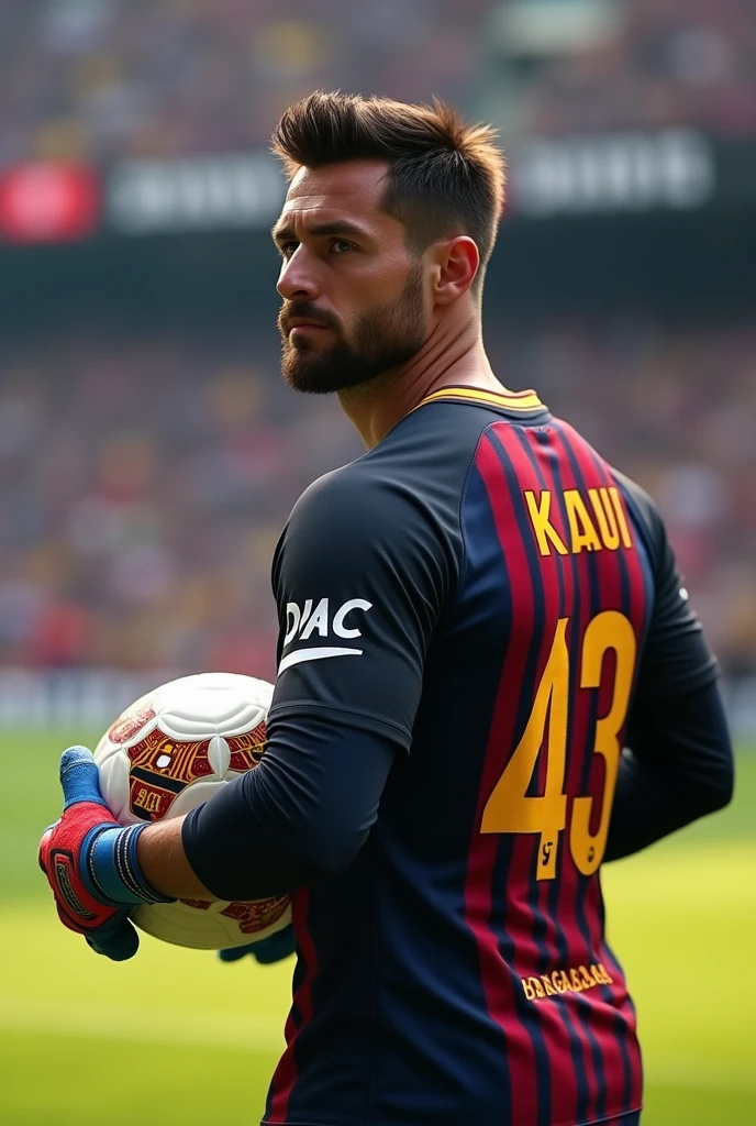 create an image of a goalkeeper with the Barcelona shirt with the name "Kauã" on his back holding the ball number 43 (ultra realistic) (for cell phone wallpaper) (on his back)