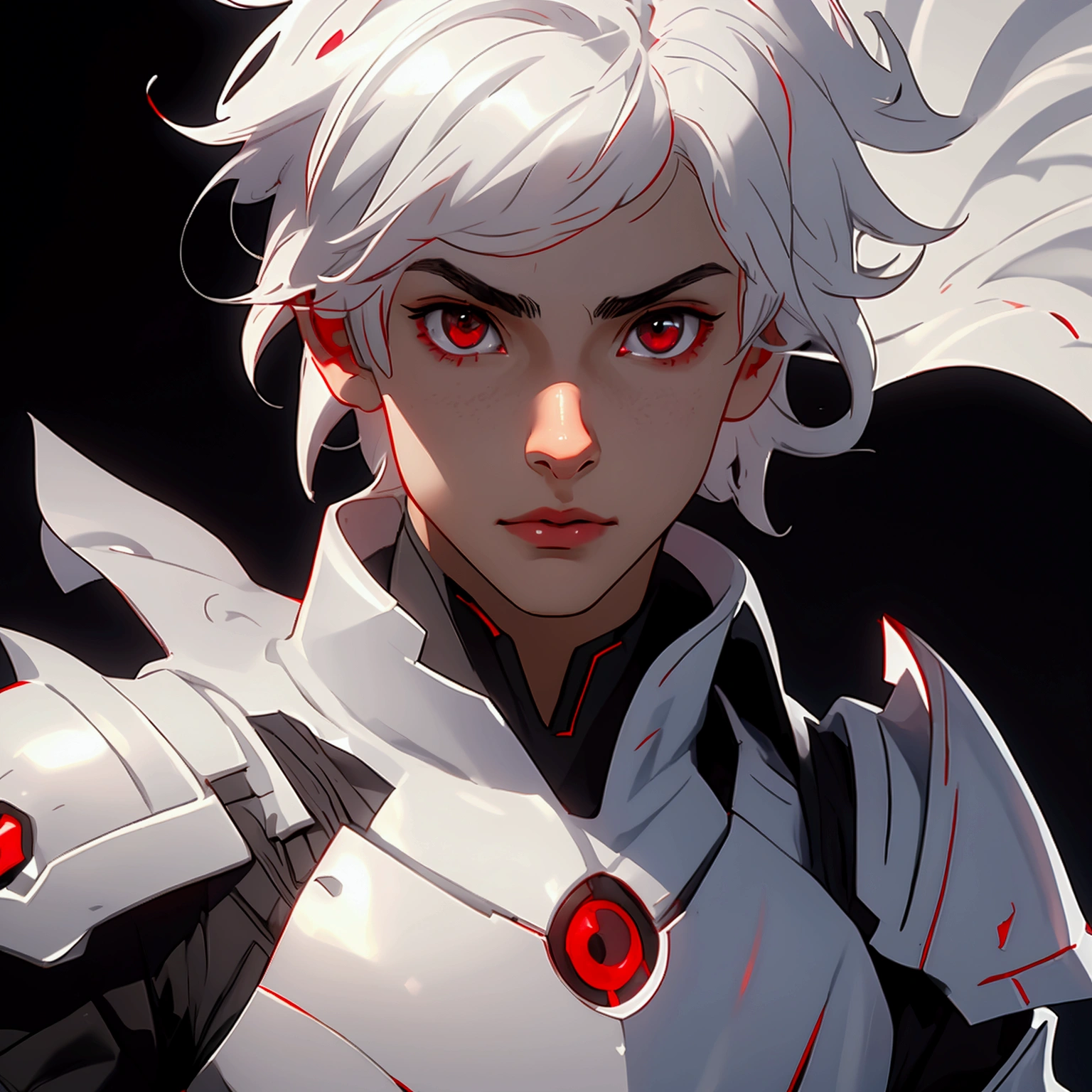 envision a 8k, highres, cinematic close up portrait of a boy with sleek skinny body, clean shaved, with short wavy white hair, and red eyes wearing a white and black leather armor against a dark gray background