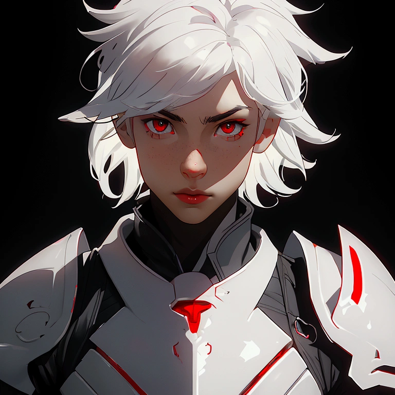 envision a 8k, highres, cinematic close up portrait of a boy with sleek skinny body, clean shaved, with short wavy white hair, and red eyes wearing a white and black leather armor against a dark gray background