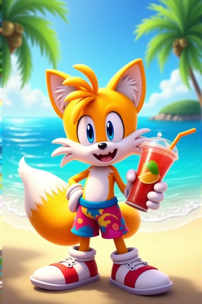 Tails character with beach with swim trunks and happy face with drink