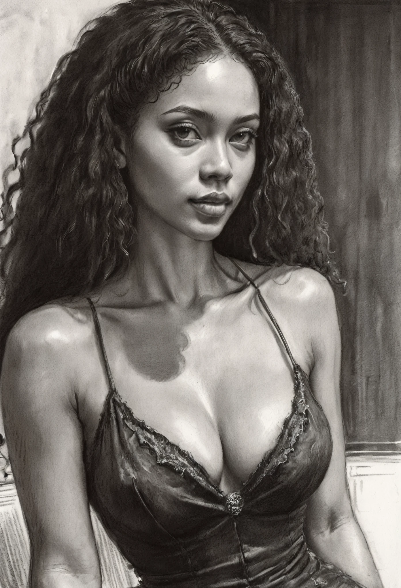 sketching,character sketch,rough sketch, Black and white pencil painting,Sharpen, intaglio, closeup cleavage, Best quality, Ultra-detailed, Super detailed skin, Natural hair, (1 American woman), (Solo), fancy dress,