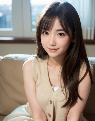 Best quality, Focus on face, soft light, ultra high resolution, (photorealistic:1.4), RAW photo,
Japanese girl, One, Cute, (shy smile:0.5), (Brown eyes, lights in the eyes), Detailed beautiful face, (small chest),(High resolution human skin texture detail),
(long hair),
Sit on the couch,
, vest, skirt