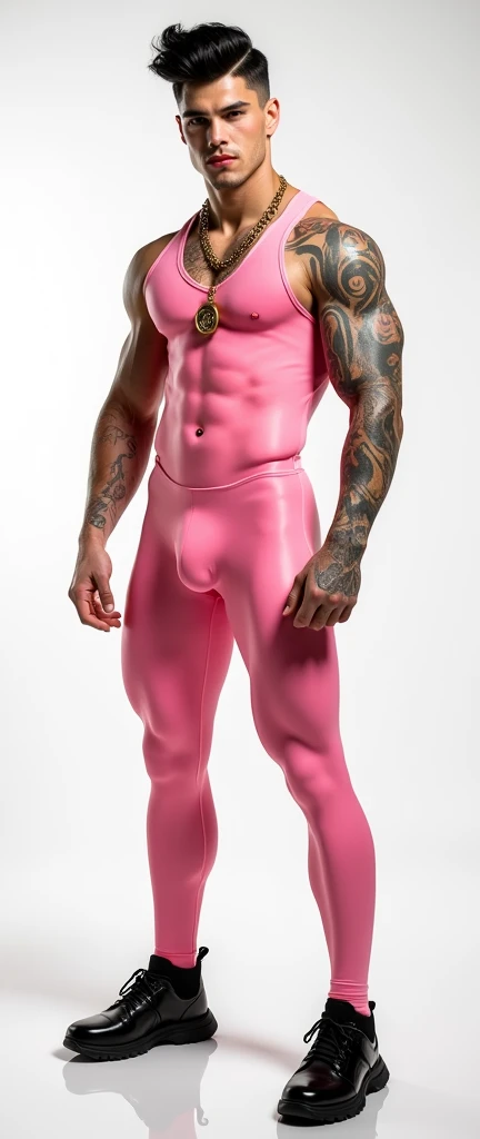 Fullbody standing picture of white Handsome muscular nude horny sexy gay boy wearing skinny tight shiny pink bodysuit, shiny black hair Disconnected Pompadour oiled hair style, shiny black varnished shoes, big golden neck chain, red lip, six pack, tattoos, horny, cum shot, sperm, milking penis, very big penis, very big testicle, shiny oiled skin, orgasm, oversexed, masturbation, standing at white show room.