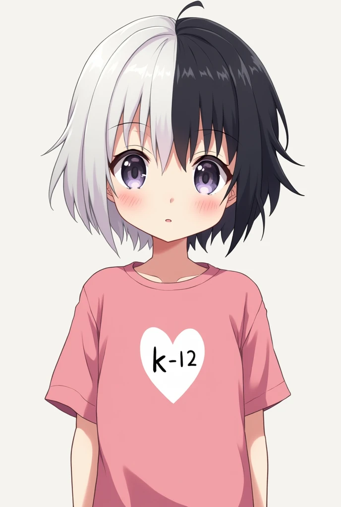 A Skin Man:Clear Eyes:brown Style:anime body:thin and tall Hair:extra short, split in half one side white and the other side black Clothes:a pink shirt with a white heart and the writing "K- 12"