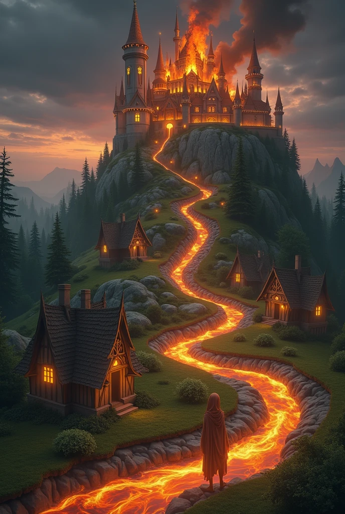 A mystical kingdom inspired by the element of fire, with a grand castle in the center and small houses around it. Next to a dense forest and flaming streams that surround the place.