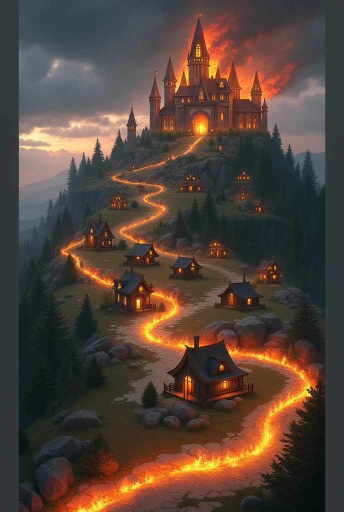A mystical kingdom inspired by the element of fire, with a grand castle in the center and small houses around it. Next to a dense forest and flaming streams that surround the place.