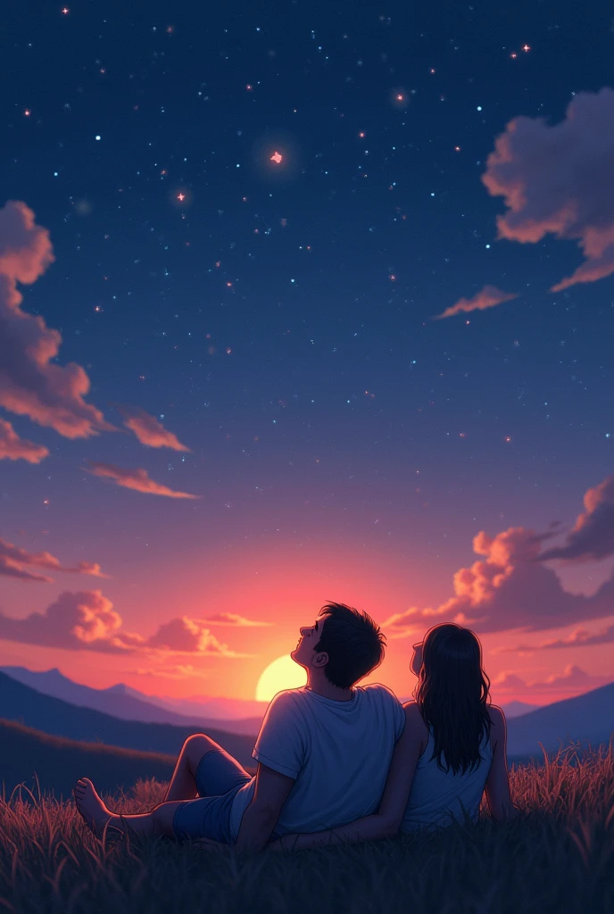 Two people sitting on their backs, looking up to the stary sky with a sunset. 