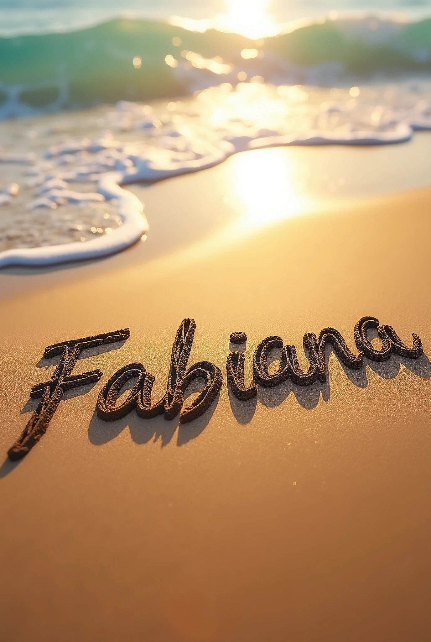 The name Fabiana written in the sand