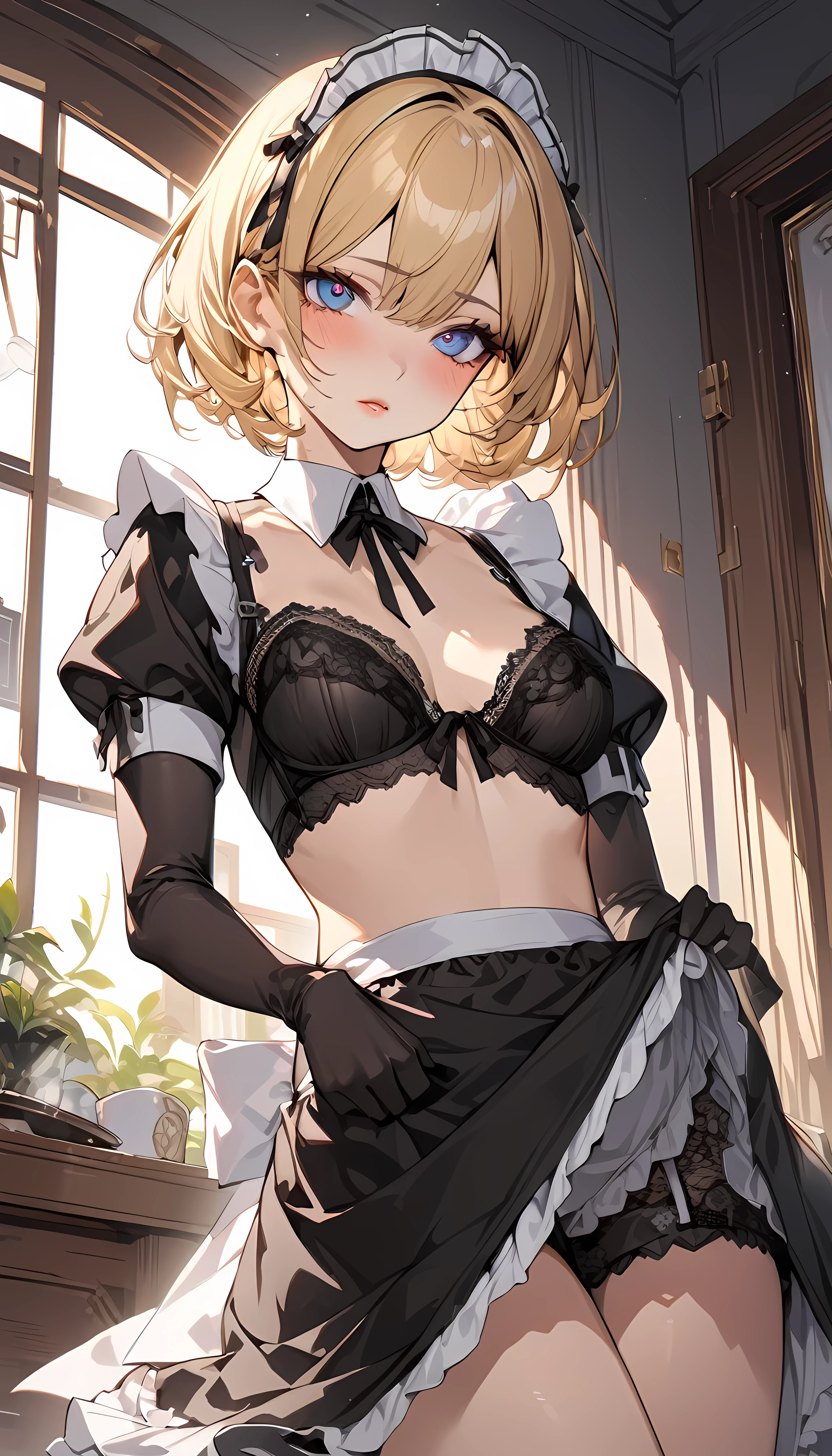 (surreal)、(High resolution)、(8k)、(Very detailed)、(Best illustrations)、(Beautiful and detailed eyes:1.0)、Highest quality:1.0,maid、lingerie,Natural Lip,Blonde Short Hair、Changing into maid uniform