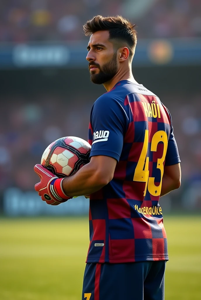 create an image of a goalkeeper with the Barcelona shirt with the name "Kauã" on his back holding the ball number 43 (ultra realistic) (for cell phone wallpaper) (on his back)