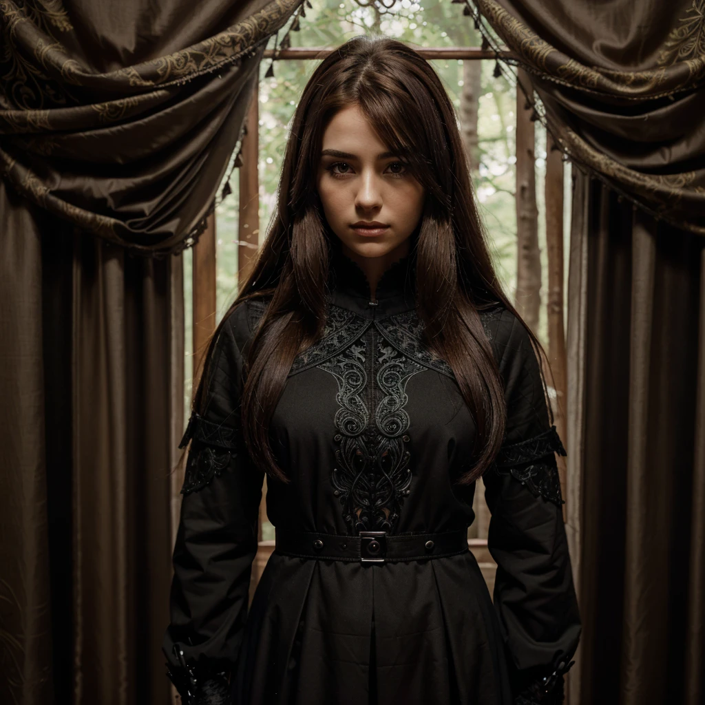 A dark fantasy warrior in a black suit, hyper-detailed, 4k, high quality, bright light, medium length brown hair, curtain hairstyle, intricate forest background