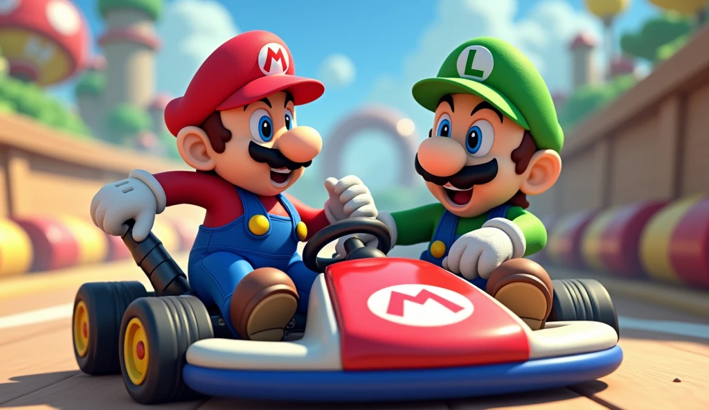 Mario and Luigi in the foreground on the Mario Kart Double Dash Barrel Train, with a Mario Kart Double Dash circuit in the background.
