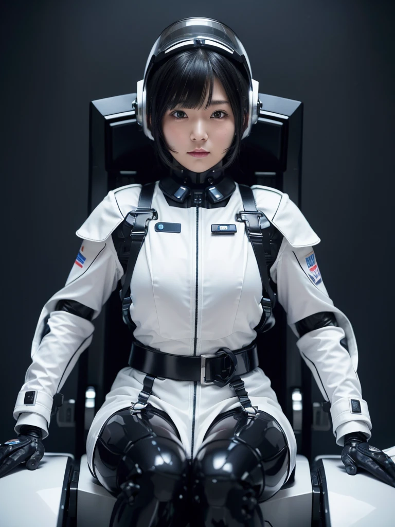 masterpiece, Highest quality, Very detailed, Japanese Android girl, Beautiful 2 Japanese woman, Plump,Slightly thicker,Control panel,Android,cyborg,Blunt bangs,Sitting in the cockpit and piloting,Silver space suit,Thick harness belt,Full-face helmet