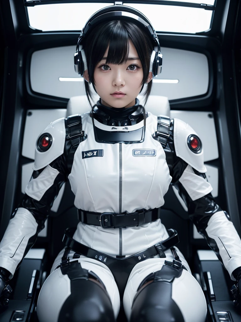 masterpiece, Highest quality, Very detailed, Japanese Android girl, Beautiful 2 Japanese woman, Plump,Slightly thicker,Control panel,Android,cyborg,Blunt bangs,Sitting in a small cockpit,black and white robot suit,Thick harness belt,Helmet