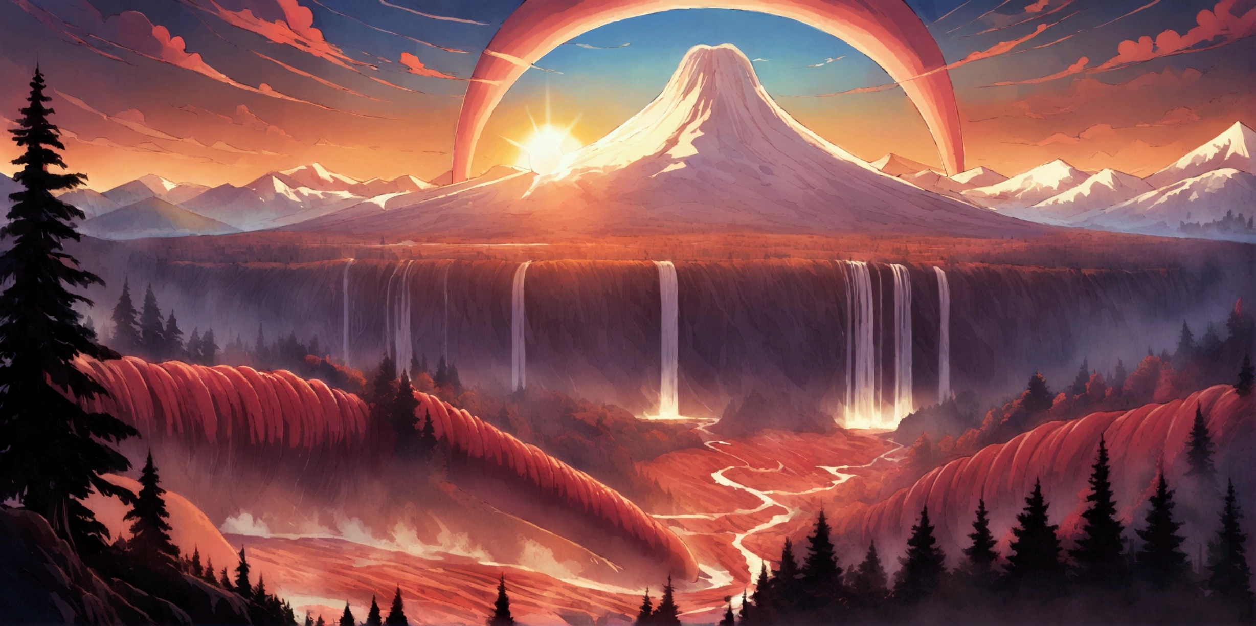ultra wide landscape flooded with light moebius style, giant chili, giant sausage, giant wine, epic, sun, mt hood, waterfall, forest