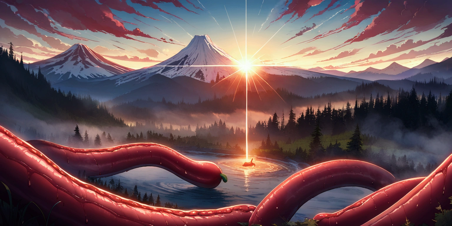 ultra wide landscape flooded with light moebius style, giant chili, giant sausage, giant wine, epic, sun, mt hood, waterfall, forest