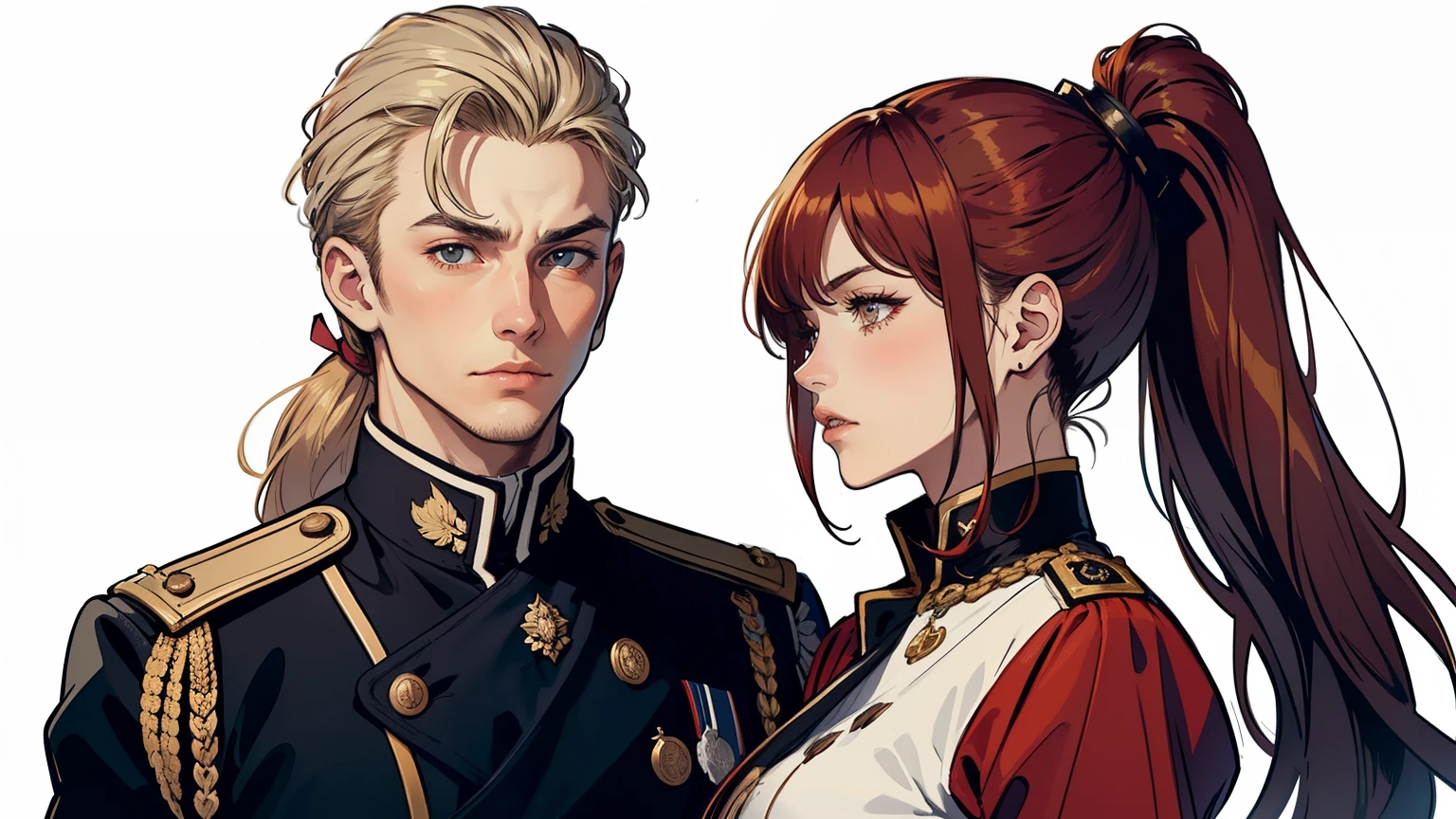 Hot young woman with long red hair tied in a ponytail and a young man with dark blonde hair and long sideburns stand together as a couple, both look serious, she is wearing an admiral's uniform, he is wearing a royal uniform, both are light wounded, he wants to defend her, high quality, best details, perfect eyes