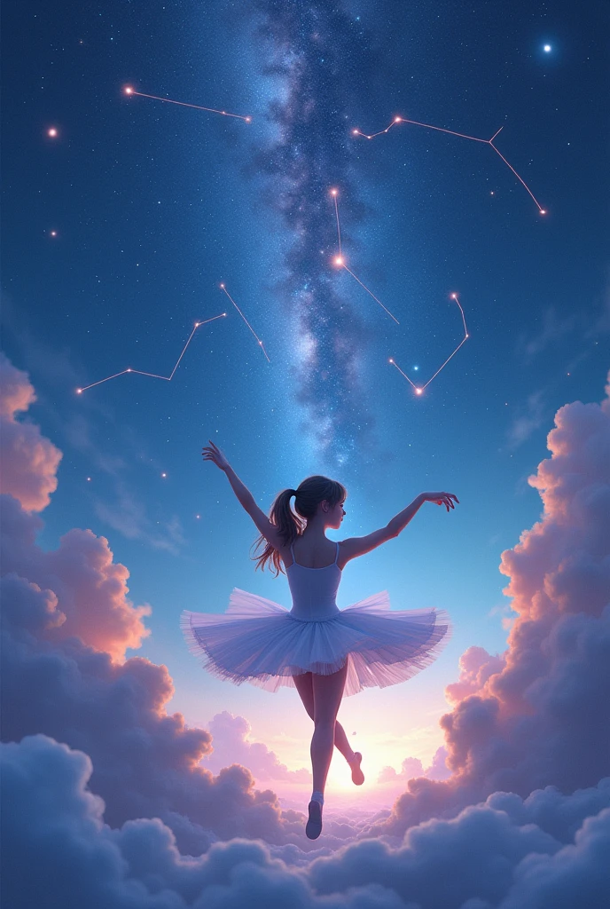 Softly lit by an ethereal glow, a serene teen ballerina floats amidst a celestial canvas. Her gentle pirouettes coax stars and constellations into mesmerizing patterns, as the cloud's wispy tendrils caress her tutu. Against the rich blue-purple hue of the sky, the Milky Way unfurls like a shimmering tapestry, serving as a cosmic backdrop for this otherworldly dance.