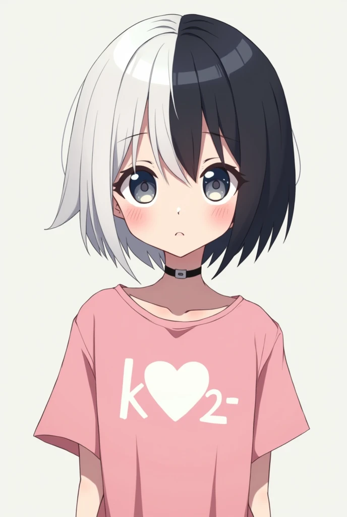 A Skin Man:Clear Eyes:brown Style:anime body:thin and tall Hair:extra short, split in half one side white and the other side black Clothes:a pink shirt with a white heart and the writing "K- 12"