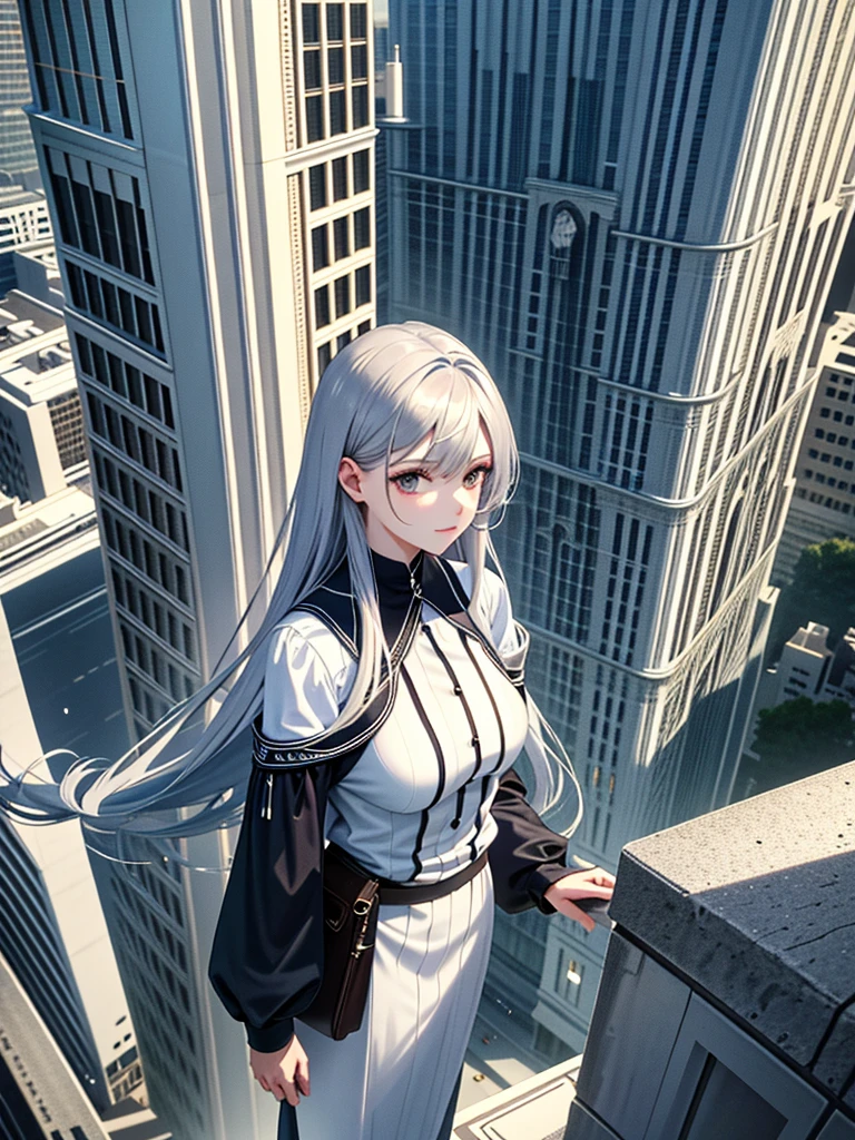 Masterpiece、High resolution、Detailed expression、Huge beauty、Silver Hair、18 meters tall、In a city building