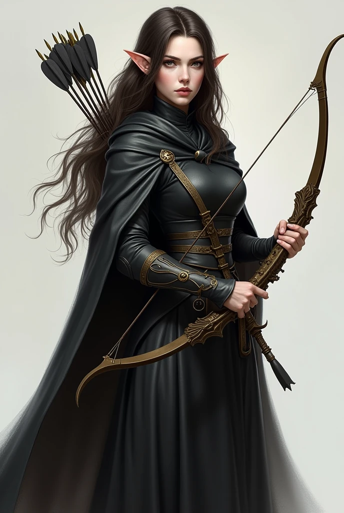 Draw a full-body, standing female half-elf with white skin, little elf ears, eyes black, dark brown hair, wearing a black cloak with gold details and a built-in hood holding a crossbow in his hands and a quiver on his back with a handful of arrows. Her eyes are extremely dark and this is her most obvious feature..