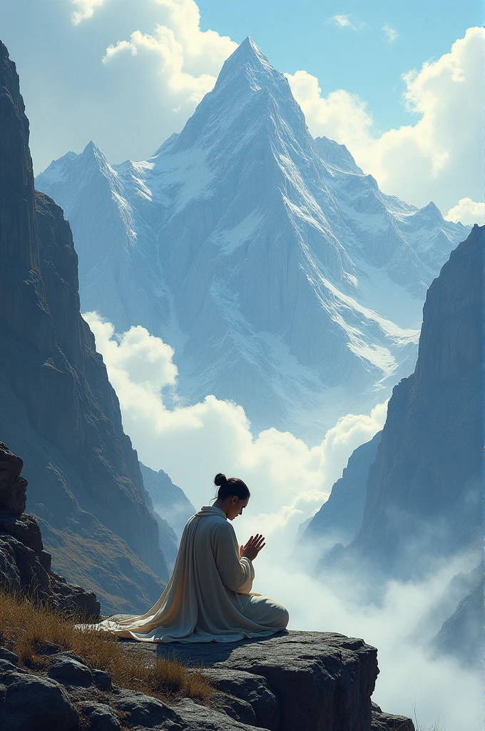 Person praying in the mountains 