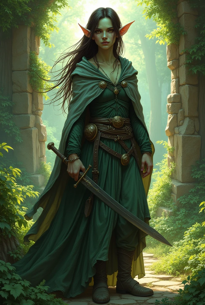 Create a dungeons and dragons character image of an androgynous elf druid with light green skin, small lips, pointed ears long unkempt wild dark brown hair in a gray and dark green traveling cloak holding a scimitar in ruin in a forest