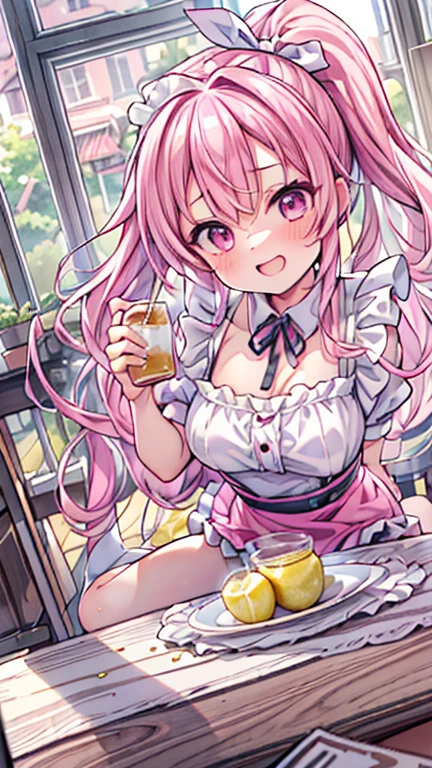 1girl, nsfw, side Ponytail, orange hair、 long hair, purple eyes, large breasts, , , empty eyes , large breasts, nipple, , Peeing, lactation, projectile lactation, Sweets shop, frozen, wet, crying ,, Naked, , (1girl) ,solo